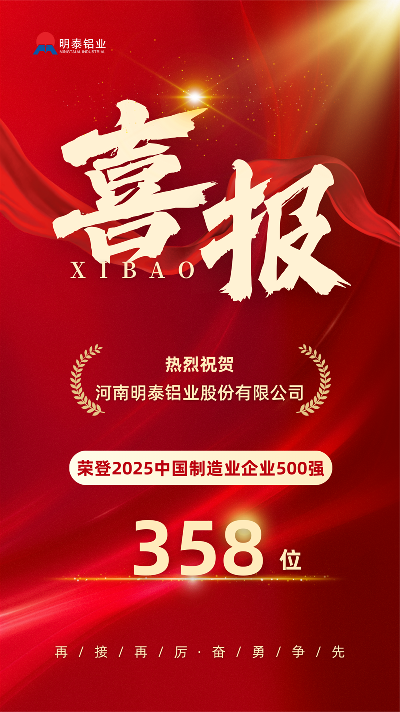 中國制造業(yè)企業(yè)500強，明泰鋁業(yè)上榜
